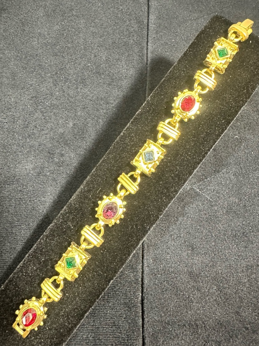 NOS/ Vtg Gold Plated Multicolored Glass Gemstone Link Bracelet